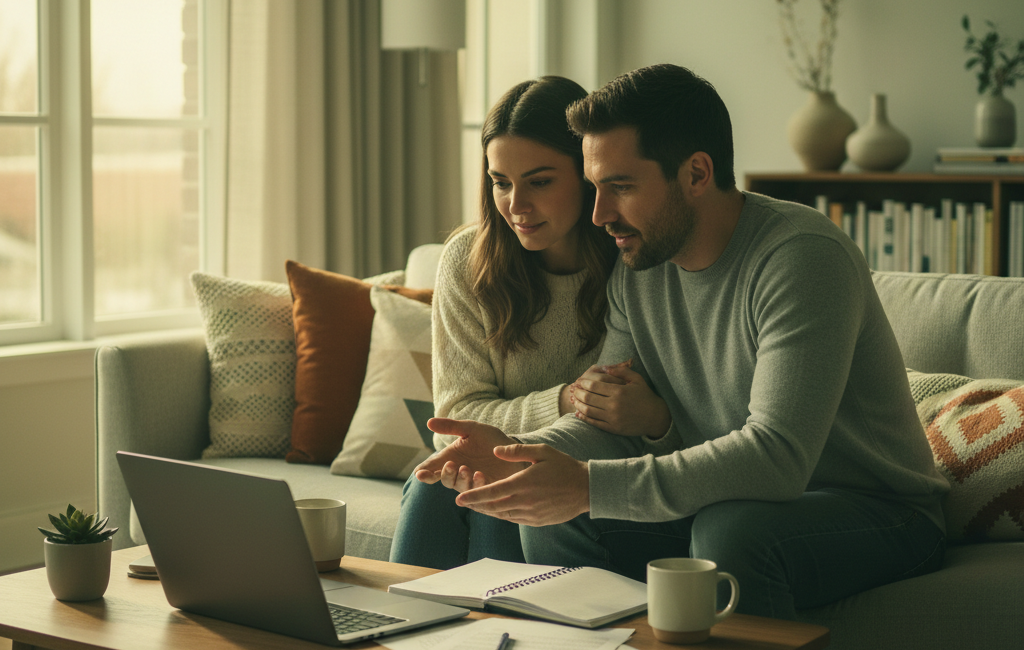 Casal sentado lado a lado em sessão de acompanhamento psicológico com psicóloga do Espaço Elleve em videochamada, trabalhando comunicação e conflitos.