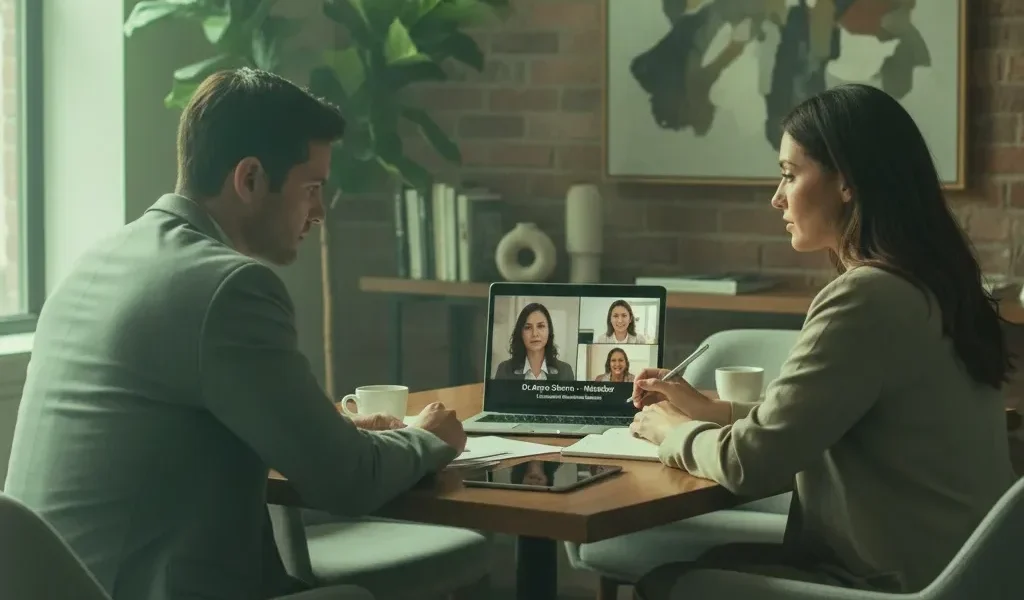 Sócios em sessão de acompanhamento psicológico online para melhorar comunicação e decisões