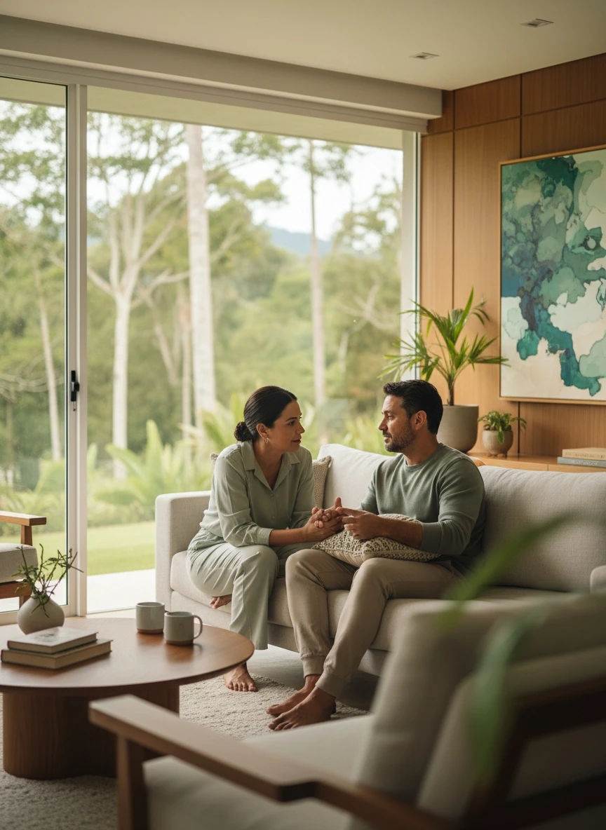 Casal de mãos dadas em conversa íntima no sofá, fortalecendo conexão emocional através da psicoterapia de casal, ambiente acolhedor com luz natural