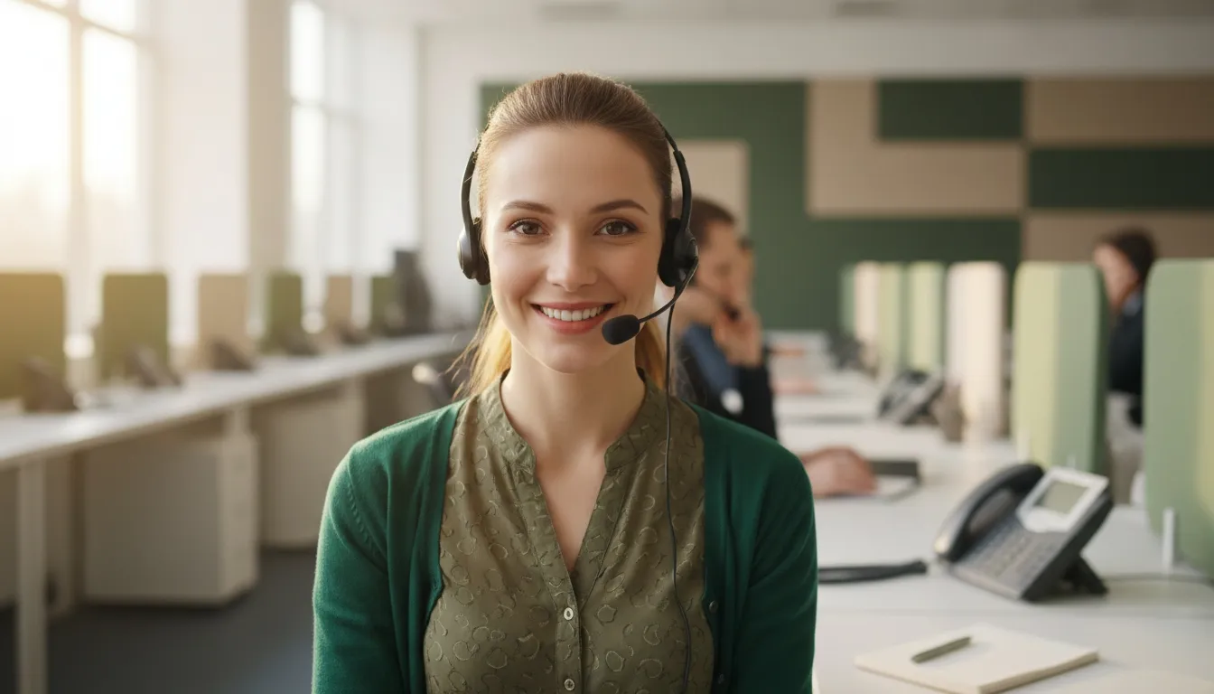 Profissional de atendimento sorrindo com headset em escritório, pronta para orientar sobre acompanhamento psicológico online do Espaço Elleve por WhatsApp ou e-mail.