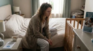 Mãe no pós-parto sentada ao lado do berço, sentindo culpa materna pós-parto enquanto busca apoio em psicoterapia online com o Espaço Elleve.