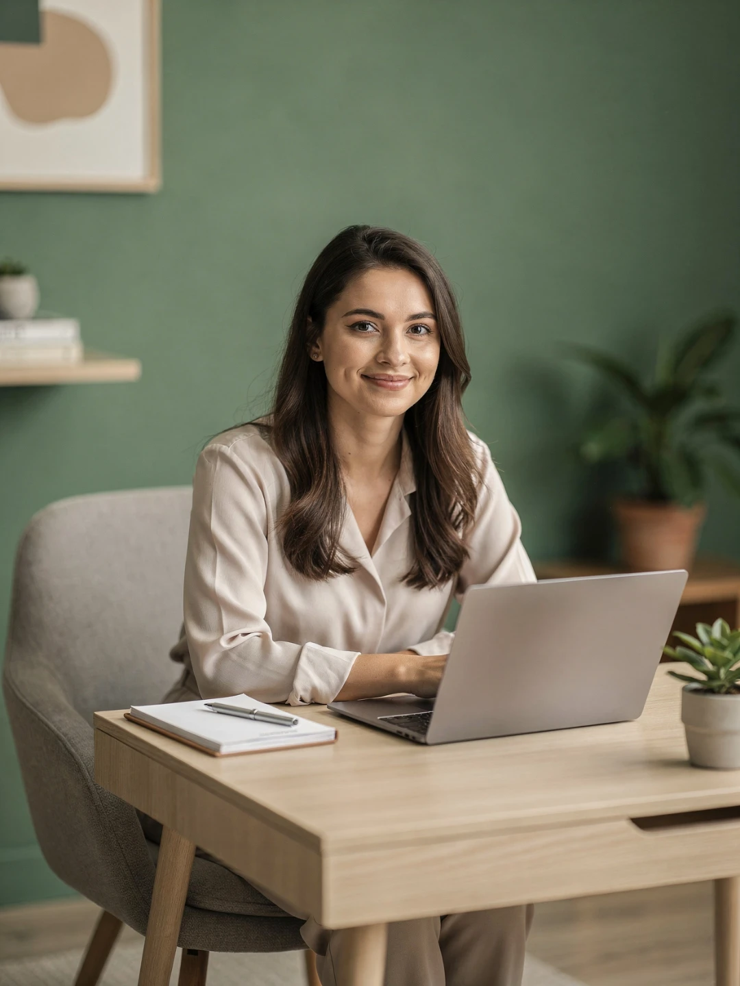 Jovem profissional sorrindo em home office organizado com laptop e caderno, representando clareza e confiança na orientação profissional online do Espaço Elleve