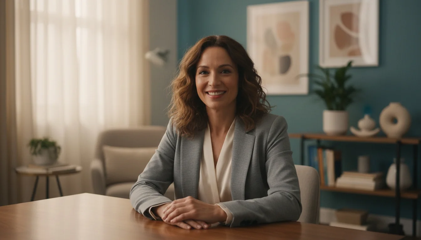 Psicóloga sorrindo em consultório, representando a equipe qualificada de psicoterapia online do Espaço Elleve