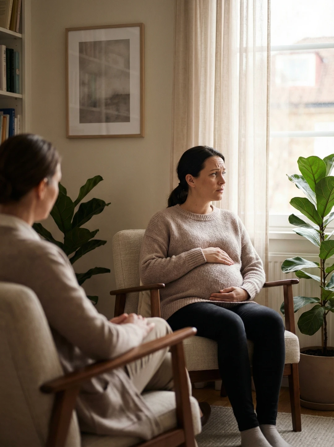 Mulher gestante em consulta de psicoterapia perinatal com psicóloga, ambiente acolhedor com luz natural, acompanhamento emocional durante gravidez