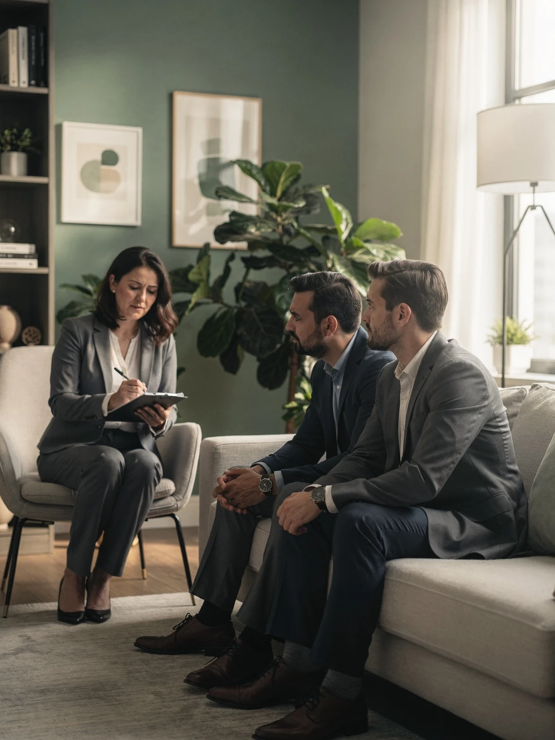 Psicóloga mediando sessão de psicoterapia para sócios em consultório acolhedor, com dois empresários sentados no sofá em ambiente seguro do Espaço Elleve