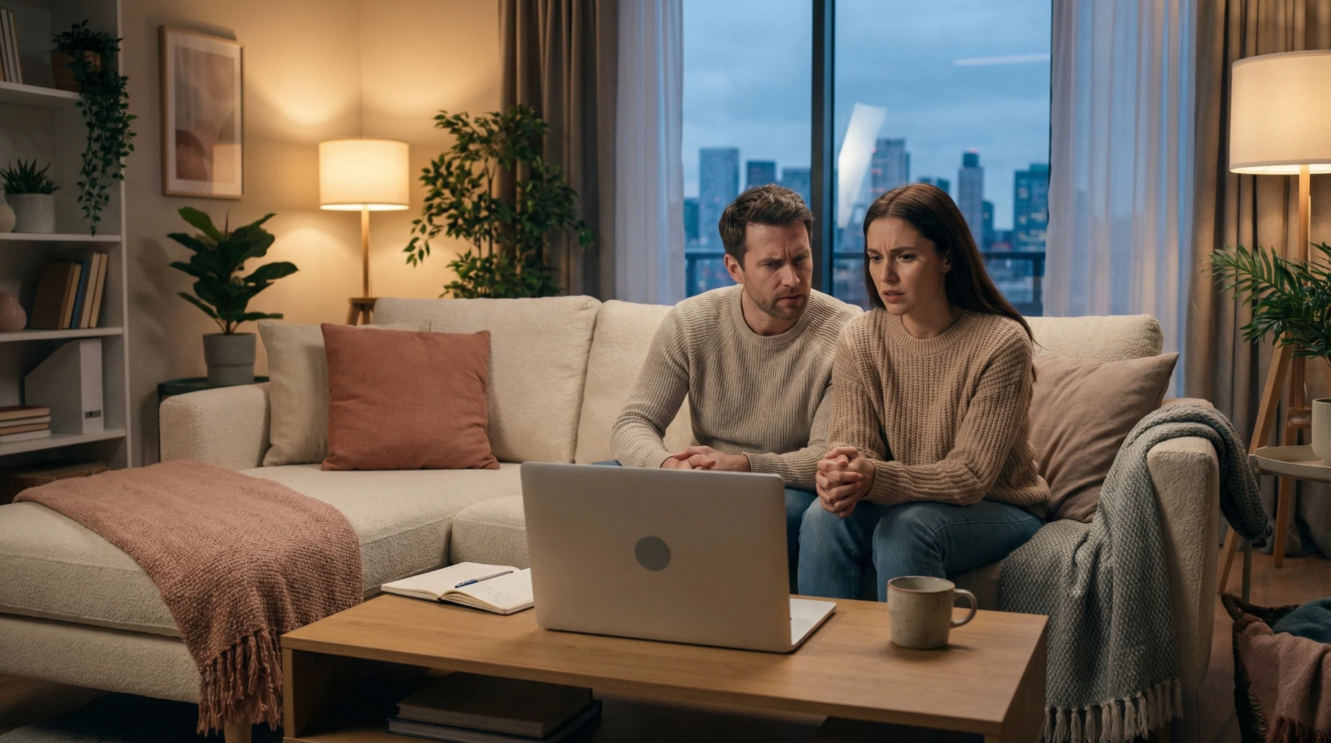 Casal sentado no sofá avaliando quando fazer terapia de casal, em sessão de psicoterapia online com o Espaço Elleve.