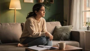 Mulher em casa identificando sinais de ansiedade na rotina diária enquanto busca apoio em psicoterapia online com o Espaço Elleve.
