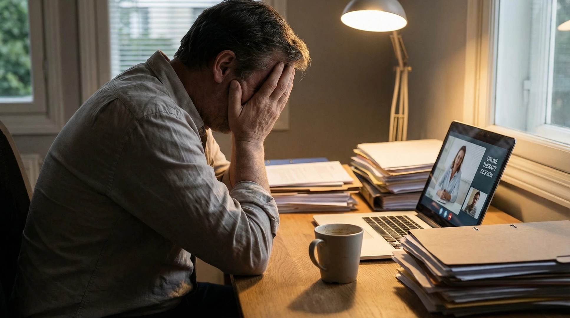 Profissional exausto em home office mostrando sintomas de burnout no trabalho enquanto busca psicoterapia online com o Espaço Elleve.