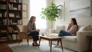 Terapeuta especializada em Terapia Cognitivo-Comportamental (TCC) em sessão de psicoterapia online com paciente em consultório profissional acolhedor