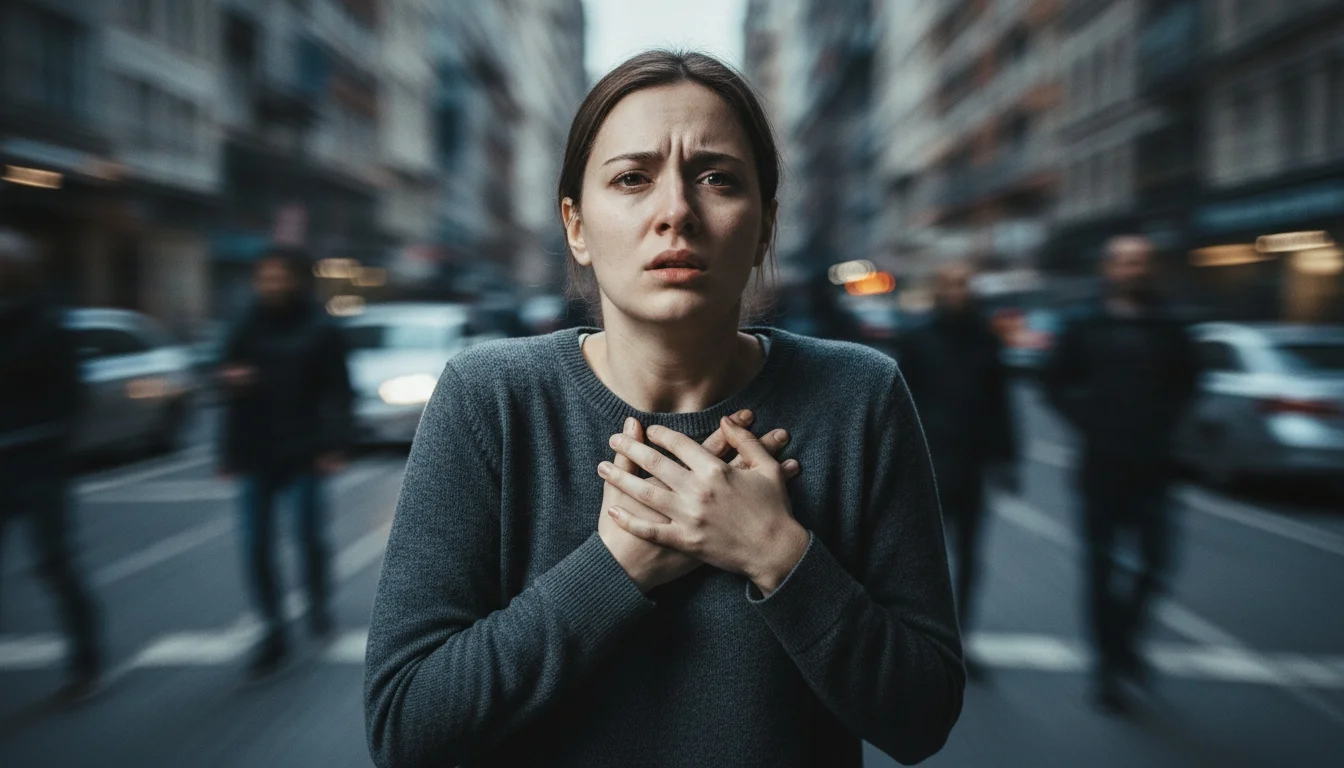 Fotografia mostrando diferenças visuais entre ansiedade (mulher tensa) e depressão (homem com postura curvada) de forma educacional