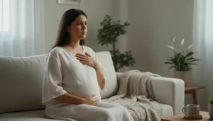 Gestante em casa praticando respiração para aliviar ansiedade na gestação com apoio de terapia online.