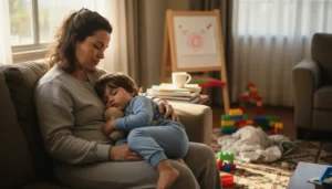 Mãe brasileira abraçando o filho adormecido em casa, com expressão de cansaço e amor, representando a culpa materna e a maternidade real.