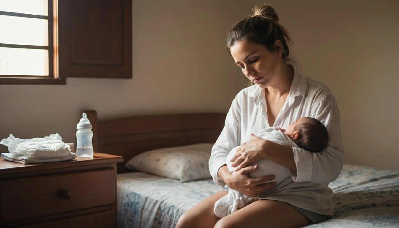 Mãe brasileira segurando o bebê no quarto, com expressão de tristeza e cansaço, representando a depressão pós-parto e a necessidade de tratamento psicológico.