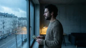 Homem brasileiro vivendo no exterior olhando pela janela com expressão de saudade, representando o luto migratório e a distância da família.