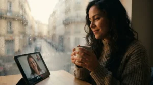 Mulher brasileira vivendo no exterior em sessão de vídeo com psicólogo brasileiro, sentada confortavelmente próxima à janela em dia frio, buscando acolhimento emocional.