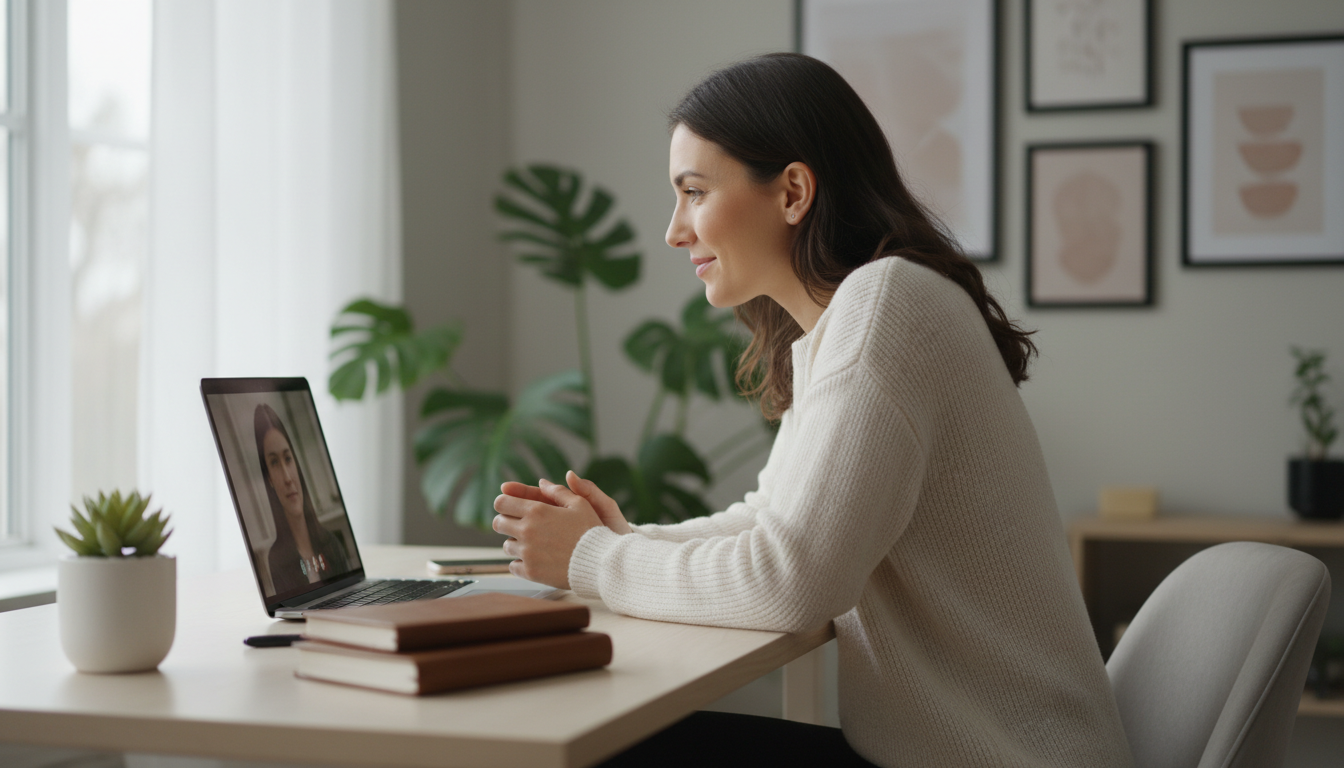 “Terapia online funciona: psicóloga conduz sessão de psicoterapia por videochamada em ambiente acolhedor e seguro”