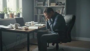 Pessoa em frente ao computador demonstrando Burnout, sintomas e tratamento da exaustão mental, ilustrando o esgotamento profissional.