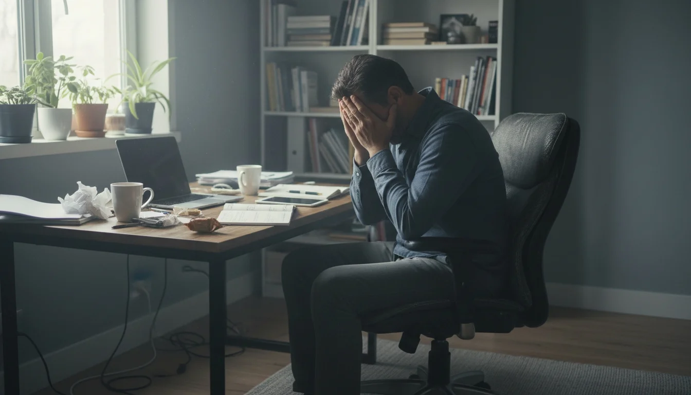 Pessoa em frente ao computador demonstrando Burnout, sintomas e tratamento da exaustão mental, ilustrando o esgotamento profissional.