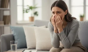 Sinais de ansiedade: pessoa em casa com tensão nas mãos e expressão preocupada, ilustrando sintomas físicos e emocionais