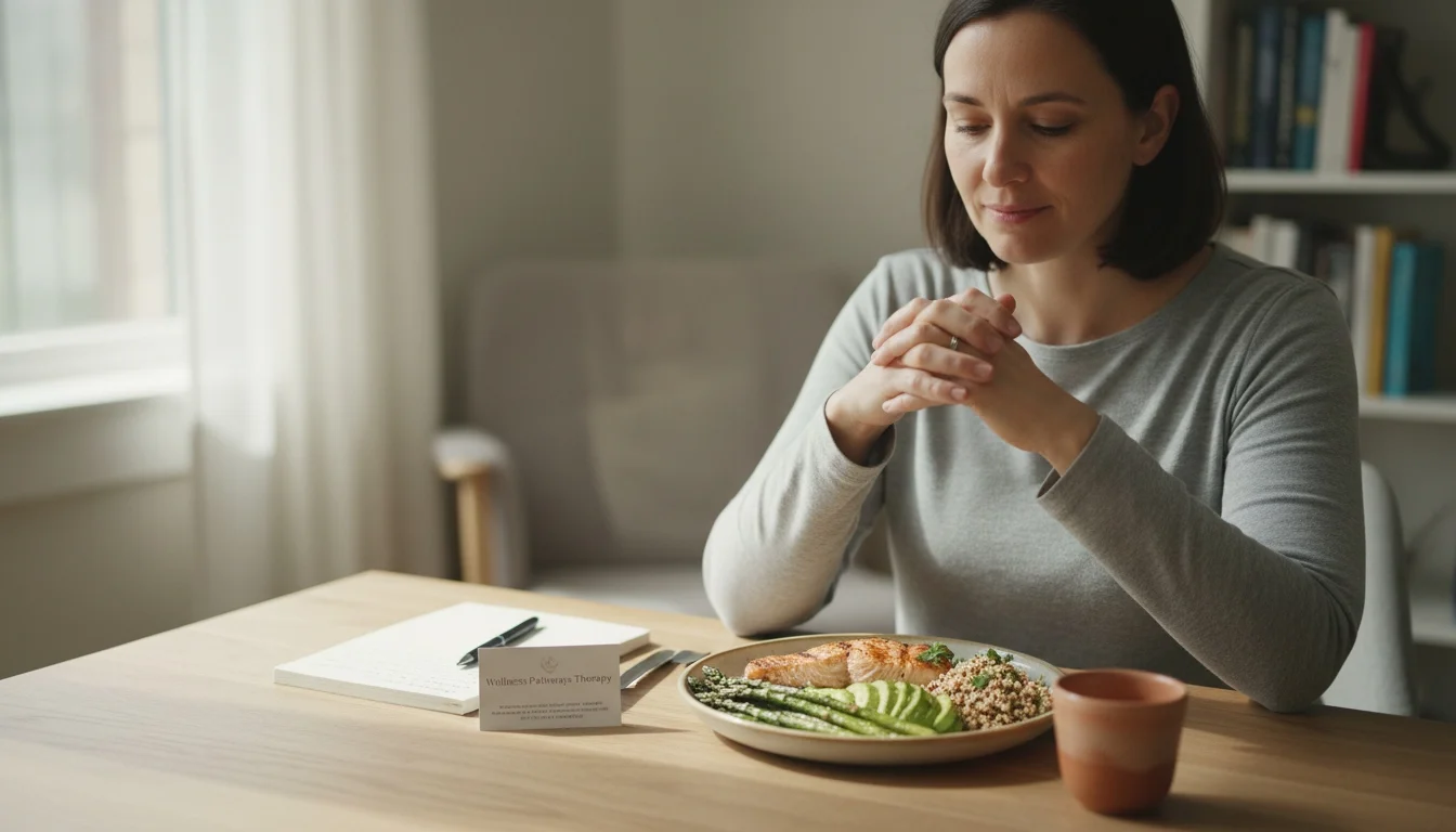 Transtornos alimentares: pessoa em processo terapêutico para melhorar relação com comida e corpo