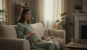 Ansiedade gestacional: mulher grávida em momento de reflexão e cuidado emocional em ambiente acolhedor