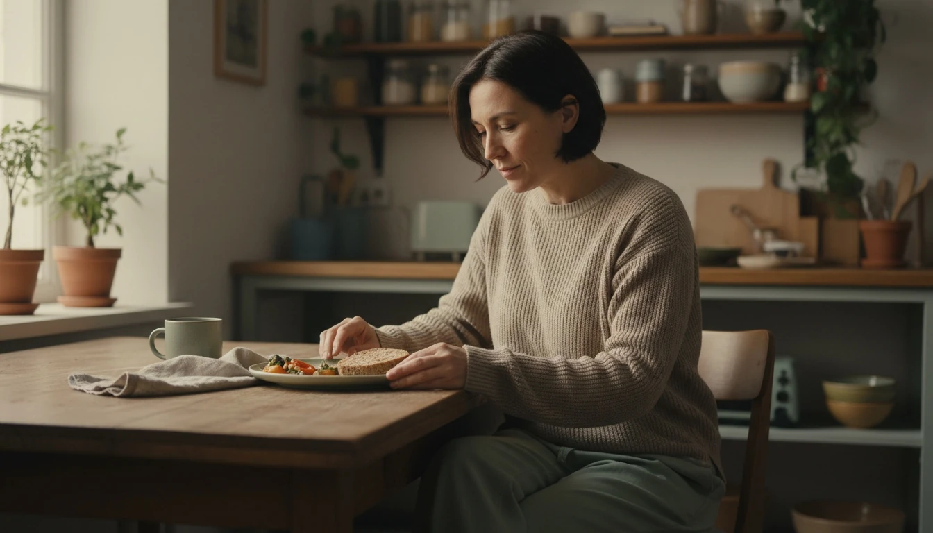 Compulsão alimentar: pessoa em momento de reflexão sobre alimentação e emoções em ambiente acolhedor