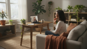 Pessoa adulta em sessão de psicoterapia online para TDAH em consultório acolhedor do espaço elleve