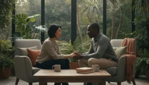 Relacionamentos saudáveis: casal praticando comunicação assertiva e escuta empática em ambiente acolhedor