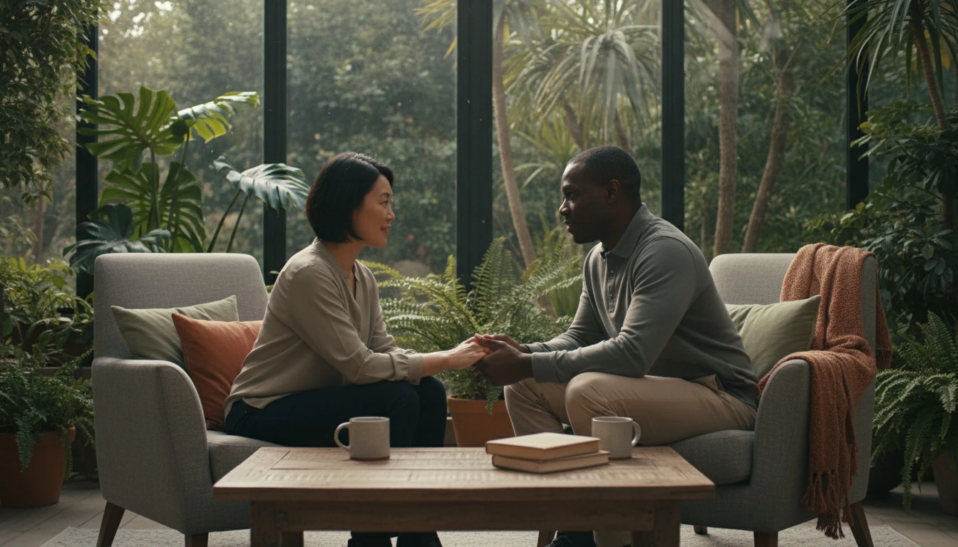 Relacionamentos saudáveis: casal praticando comunicação assertiva e escuta empática em ambiente acolhedor