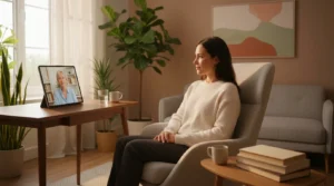 TDAH e relacionamentos como afeta a vida adulta — adulto em psicoterapia online com psicólogo em consultório acolhedor com luz suave e fundo neutro