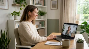 Adulto em home office participando de psicoterapia online para TDAH, ambiente acolhedor com plantas e luz suave, representando cuidado com saúde mental no trabalho