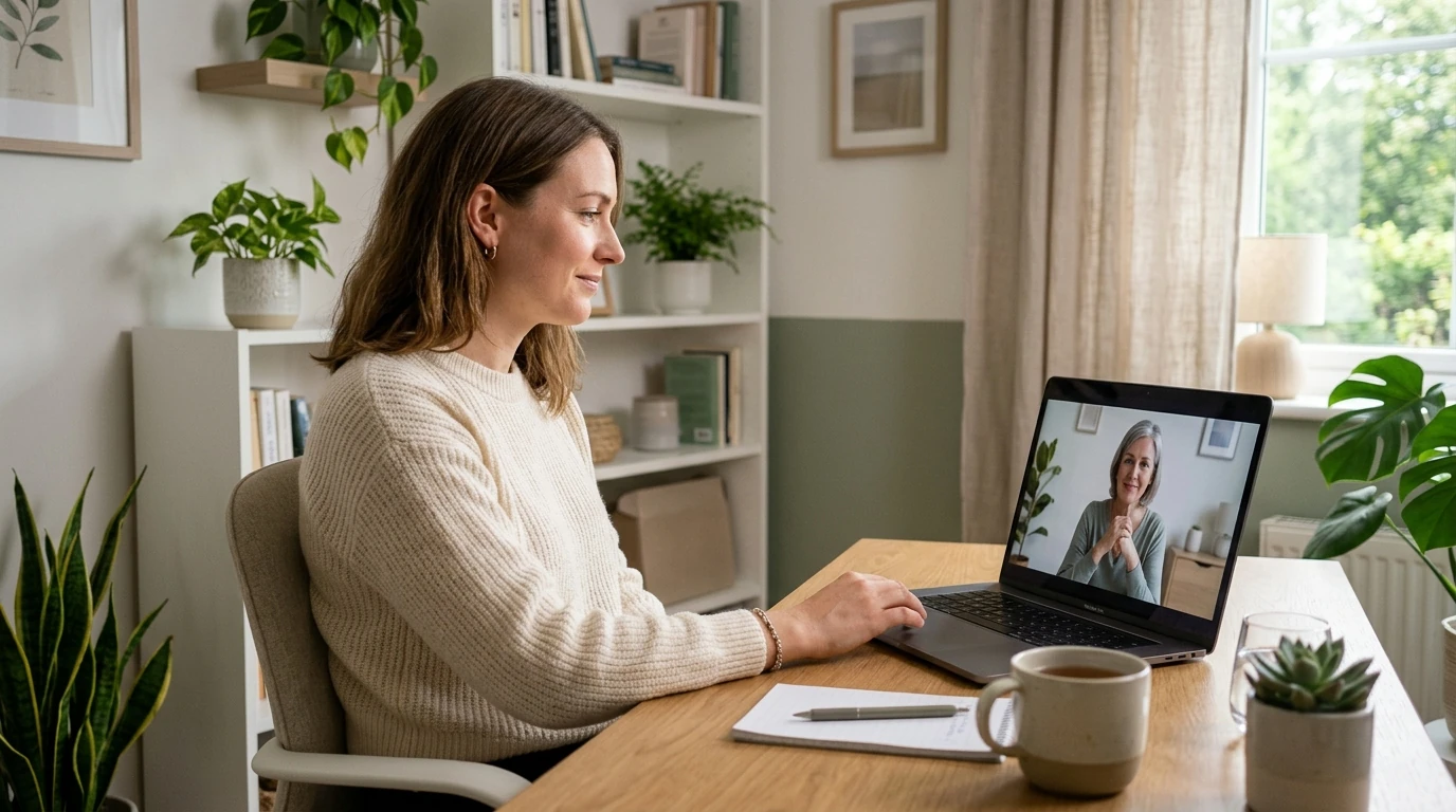Adulto em home office participando de psicoterapia online para TDAH, ambiente acolhedor com plantas e luz suave, representando cuidado com saúde mental no trabalho