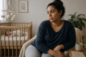 Mãe com sintomas de depressão pós-parto em 2026, em casa com bebê e sessão de psicoterapia online ao fundo para tratamento com TCC e ACT