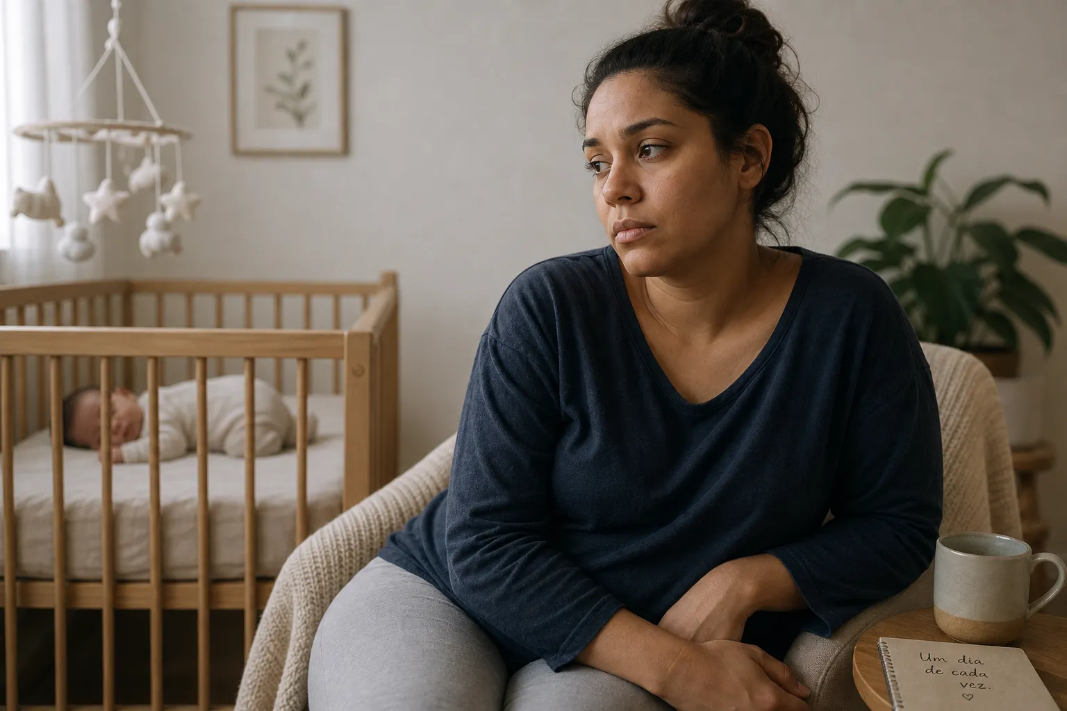 Mãe com sintomas de depressão pós-parto em 2026, em casa com bebê e sessão de psicoterapia online ao fundo para tratamento com TCC e ACT