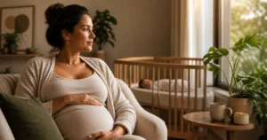 Mulher em psicoterapia online refletindo sobre identidade na maternidade e matrescence em ambiente acolhedor com suporte de TCC e ACT