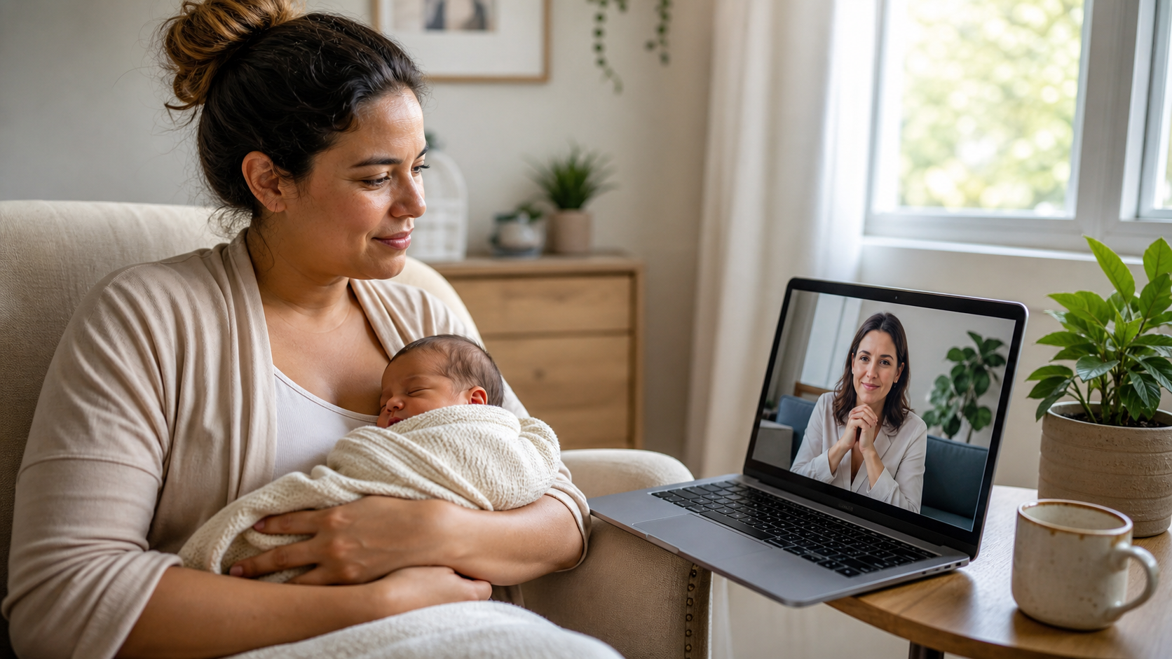 Saúde mental materna em sessão de psicoterapia online no pós-parto com mãe em ambiente acolhedor em São José dos Campos e terapeuta na tela