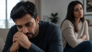 Mulher em sofrimento emocional olhando para o celular em contexto de dependência emocional com psicoterapia online ao fundo