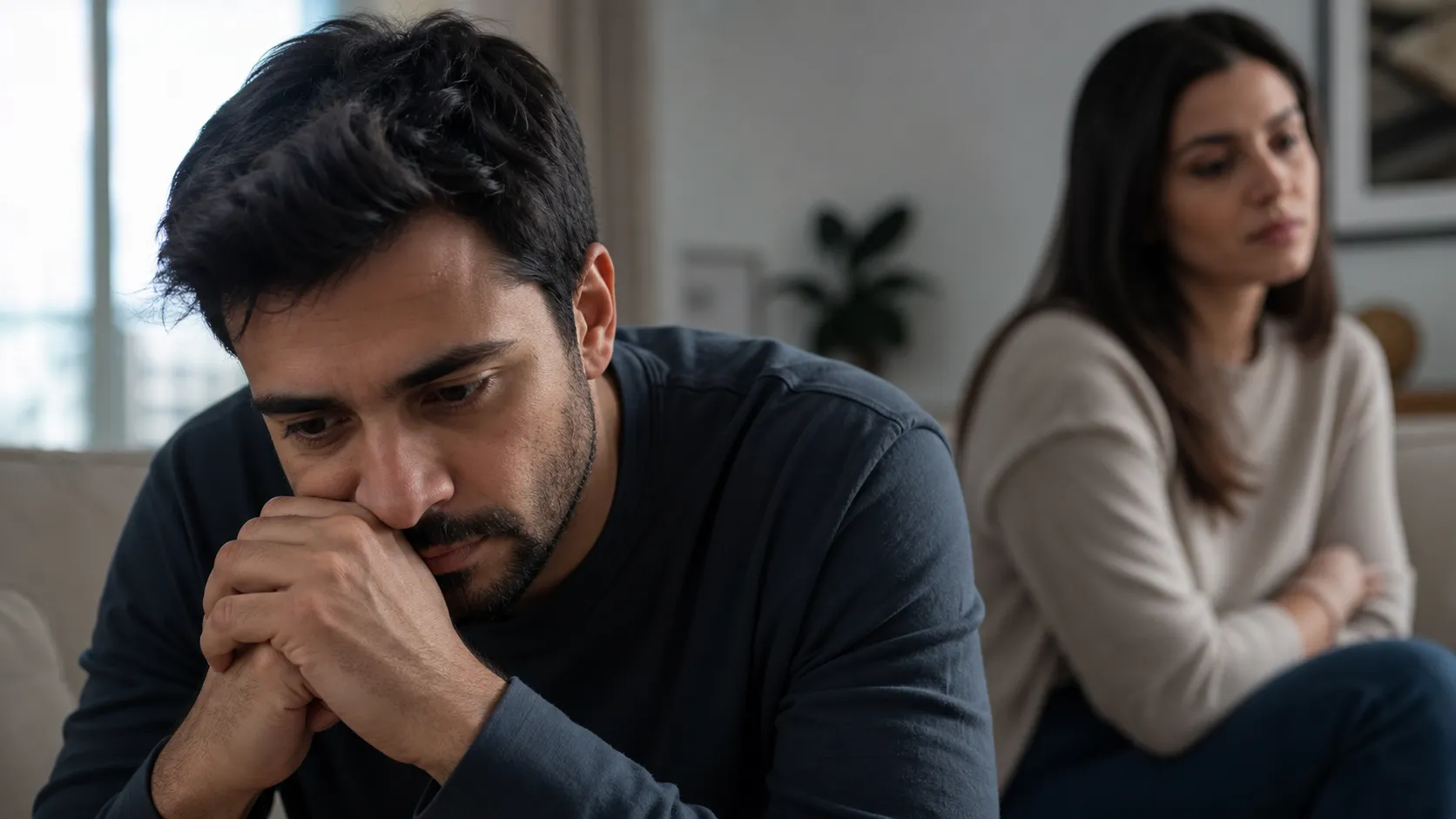 Mulher em sofrimento emocional olhando para o celular em contexto de dependência emocional com psicoterapia online ao fundo