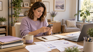 Mulher usando o celular à mesa de trabalho, com documentos e tarefas pendentes, ilustrando a procrastinação.